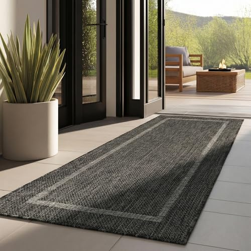Outdoor Teppich Wetterfest Einfarbiges Design Terrasse Balkon Teppich Küche Garten Sisal-Look Küchenteppich Läufer Flur, Größe: 80 x 250 cm, Farbe: Schwarz