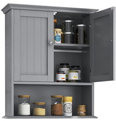 LIFEZEAL Mobiletto Pensile Salvaspazio per Bagno, 60 x 19 x 71cm, Pensili Cucina con 2 Ante e Ripiani Regolabili, Armadio Sospeso per Medicinali Multiuso in Legno (grigio)