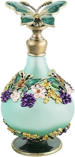 Dophee Vintage Crystal Perfume Bottle, Refillable Perfume Bottle Butterfly Flowers Decorative Glass Empty Container for Fragrance Restoring, Dresser Table Decor, Holiday Gifts Christmas (25ml, Green)