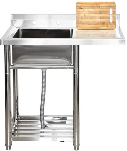 Fregadero de Cocina Comercial de un Solo tazón con Estante de Almacenamiento, Fregadero de Acero Inoxidable con Protector contra Salpicaduras Alto, para Bar, Cocina, Restaurante