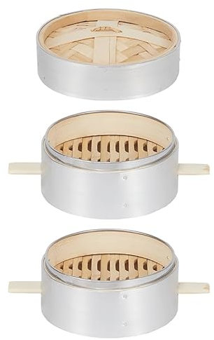 Cuit Vapeur en Bambou,Panier Vapeuren Acier INOX,Ustensiles De Cuisine à 2 Niveaux pour Cuisson à La Vapeur,avec Couvercle pour La Cuisson des Dim Sum Et des Aliments à La Vapeur,3 Styles
