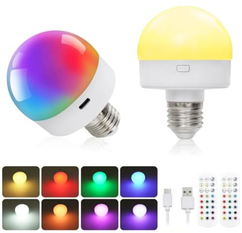 LOGT Bombilla LED E27 RGB con Mando a Distancia, Bombilla Recargable USB de 4W con temporización, Bombilla Inteligente Recargable con batería de 15 Colores+3 temperaturas de Color, Bombilla extraíble
