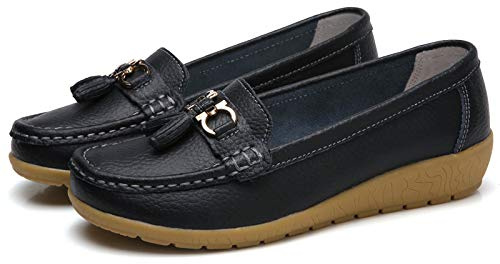 MEIION ComfyFoot Mocassins orthopédiques confortables pour femme en cuir avec boucle plate en métal – Mocassins légers à enfiler pour le quotidien et le bureau, Noir , 35 EU