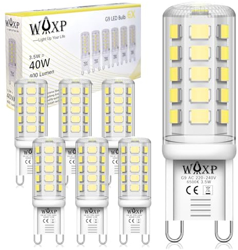 G9 LED Bulbs Cool White 3.5W, 6500K, 400LM, Non-Flickering, Equivalent G9 Halogen Light Bulbs 40W, Non-Dimmable, Pack of 6