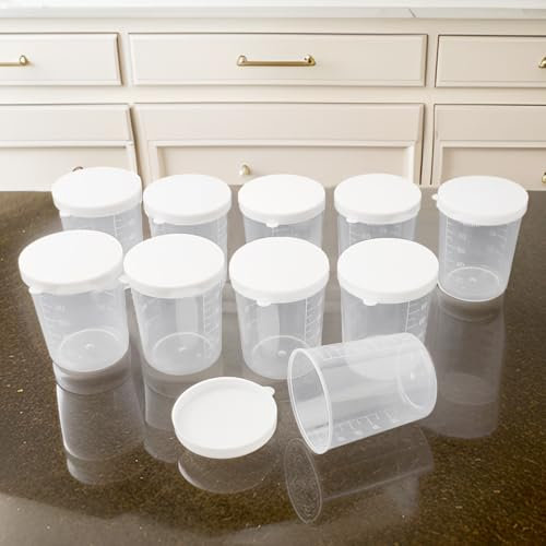 Set of 10 Plastic Liquid Measuring Cups, 100ml Measuring Cups with Clear Lids Plastic Liquid Sample Container Measuring Jug for Kitchen Medicine Laboratory