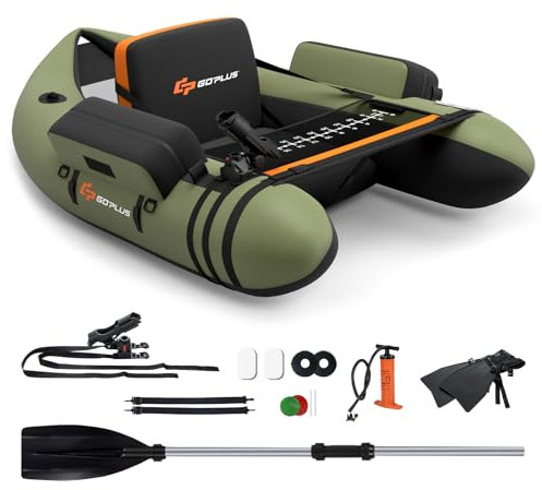 GOPLUS Bellyboot, Belly Boat bis 150 kg belastbar, aufblasbares Schlauchboot zum Angeln mit Alu Paddel, Pumpe, Flossen, Fischlineal, Rutenhalter & 2 Schultergurten, 135 x 109 x 54 cm (Dunkelgrün)