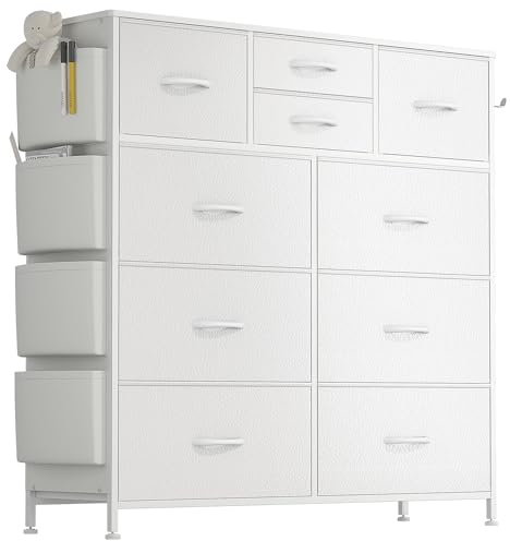 Buluri Kommode mit 10 Stoffschubladen, Komodenschrank mit Seitentaschen und Haken, Holzplatte und Metallrahmen, Stoffkommode für Schlafzimmer, Wohnzimmer, Flur, Kinderzimmer (Weiß)