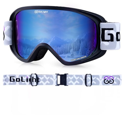 GoLight Youth, Teen & Small-Face Adult Ski Goggles – Safe Fit for Small Faces, Anti-Fog Lens & UV400 Full Protection (B - Blue REVO – VLT 11.5%)
