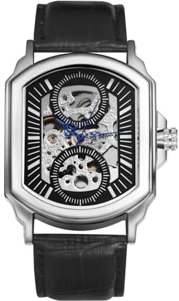 JewelryWe Herrklocka analog automatisk klocka automatisk mekanisk läderrem rektangel skelett armbandsur automatisk klocka, guld/silver, Äkta läder – svart