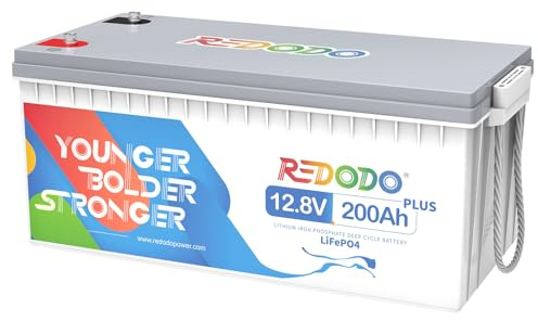 Redodo Bateria Litio 12V 200Ah Plus(1 Pack) Bateria LiFePO4, Incorporada en 200A BMS, 2560W Potencia de Salida Bateríade Litio con 4000+ Ciclo,10 Años Vida Útil, para Autocaravana, Sistema Solar