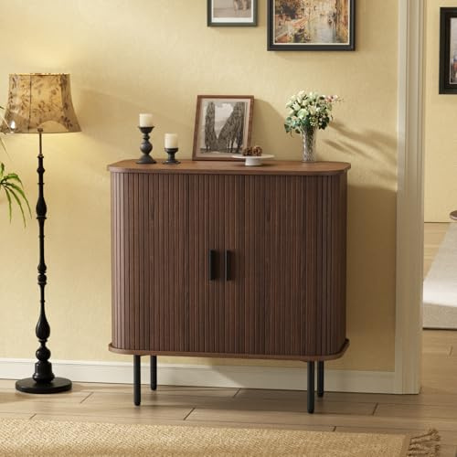 31''W Walnut Fluted Buffet Sideboard Cabinet with Storage, Small Coffee Bar Sideboard Storage Cabinet with Sliding Tambour Door, Brown Entryway Table, Console Table for Living Room, Dining Room