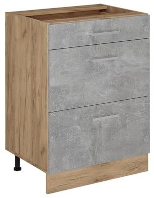 Vicco Küchenunterschrank R-Line, Beton, 60 cm | 3 Schubladen · Ohne Arbeitsplatte · Höhenverstellbare Füße · ✓ Leichter Zugriff · ✓ Frei kombinierbar