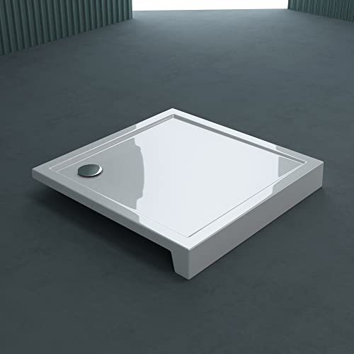 doporro Piatto Doccia Quadrato 100x100x14 cm con Scarico Incluso e Bordo | Colore Bianco, Superficie Antiscivolo, Lastra Acrilica 2,2 mm, Retro Rinforzato, Scarico Integrato per Installazione in Bagno