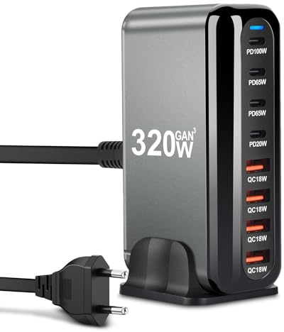 ARCELI USB C Ladegerät 320W 8-Port, GaN III Ladestation, USB c Charger mit 4 x USB-C PD + 4 x USB-A QC4.0, Schnellladegerät für Phone 16/15/14 Pro Max, Samsung Galaxy, MacBook, Pad, Laptop (320W)