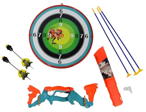 FUNFY Juego de Arco y Flechas con Diana de Dinosaurios | Plegable y Portátil | para Interior y Exterior | Regalo Ideal para Niños