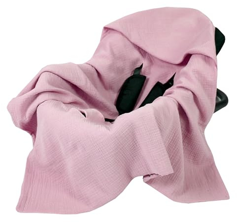 Babylux Musselin Einschlagdecke mit Kapuze – 90x90 cm – Sommer Babydecke für Autositz & Babyschale – 100% Baumwolle – Atmungsaktiv & Leicht (Rosa)