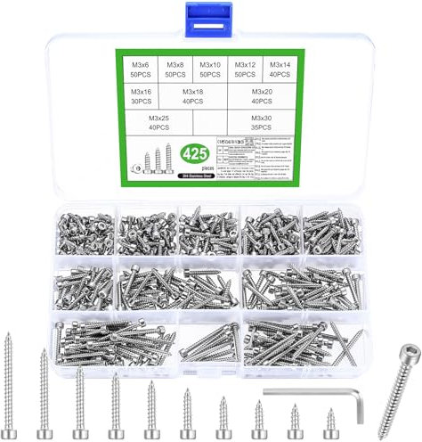 425 Pcs M3 Hex Head Self Tapping Screws, Stainless Steel Cylindrical Allen Hex Socket Head Cap Screws, Self-tapping Fasteners Assortment Kit for DIY Project Woodwork Metal (425, M3)