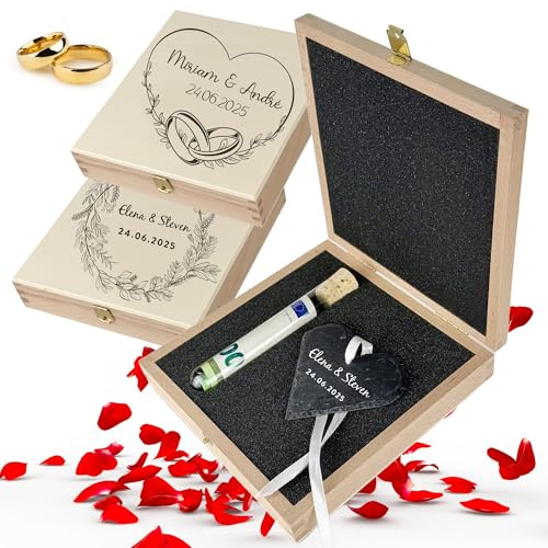 Thiger Geldgeschenk Hochzeit, Holzbox & Schieferherz, personalisiert