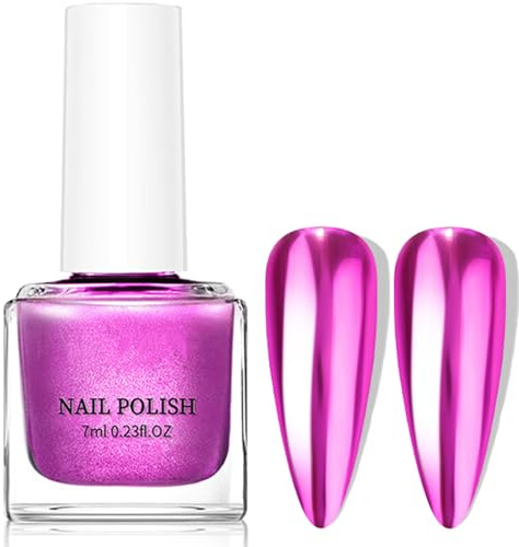 Metallic Nail Polish Hot Pink Nail Varnish, Quick Drying Breathable Mirror Metallic Effect Nail Art Polish Long Lasting Pink Mirror Nail Polish Water-Based Formula NailPolish
