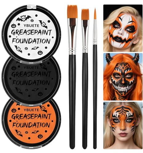 YBUETE Orange Black White Oil Based Face Paint Kit with Painting Brushes, Professional Full Coverage Greasepaint for Adults Halloween Cosplay SFX Tiger Pumpkin Makeup Carnival Theater Stage