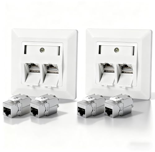 Prises Réseau Encastrées RJ45 CAT 7 à 2 ports,10 Gbit/s, 4 Modules Keystone RJ45 CAT 7,Boîte de jonction Ethernet LAN, boîte de jonction blindée,blanche Lot de 2