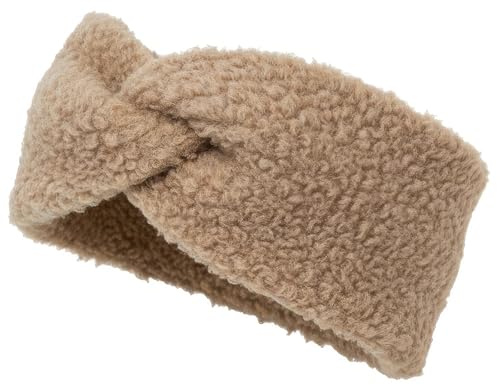 styleBREAKER Damen Stirnband Teddyfell Optik, Hellbraun | Twist-Knoten, 21 cm Bundweite, dehnbar für 56-59 cm Kopfumfang, 100% Viskose, wärmender Ohrenwärmer.