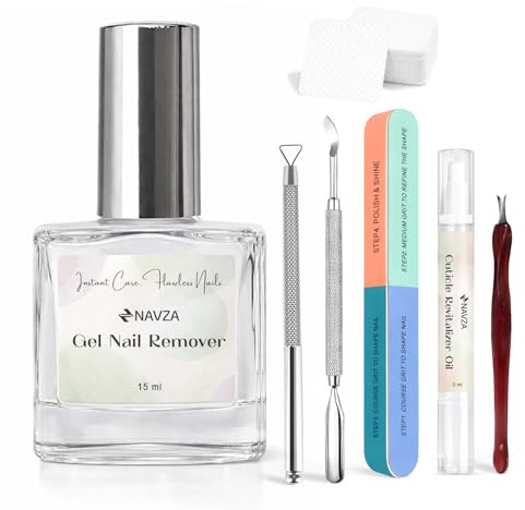 15ML Gel Nail Polish Remover Kit - Fast-Acting Formula, Easily Removes Nail Polish in 2-5 Minutes, Gentle on Nail, Includes 7 Way Buffer, 3ml Cuticle Oil, Pusher, Cuticle Nipper Scraper & Wipes
