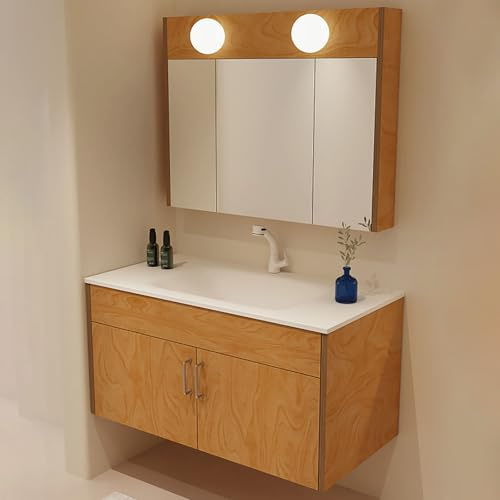 ZKBDBWTR 80cm Waschbecken mit Unterschrank mit Integriertem Keramikwaschbecken, Waschtisch aus Birkenholz, Minimalistischer Moderner Standwaschbecken-Organizer für das Badezimmer