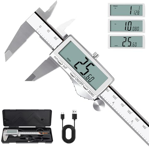 HARDELL Rechargeable Digital Caliper, Vernier Calipers with Large LCD Screen, Stainless Steel Caliper Measuring Tool, Auto-Off, Inch/MM/Fraction for DIY/Household/3D-printing