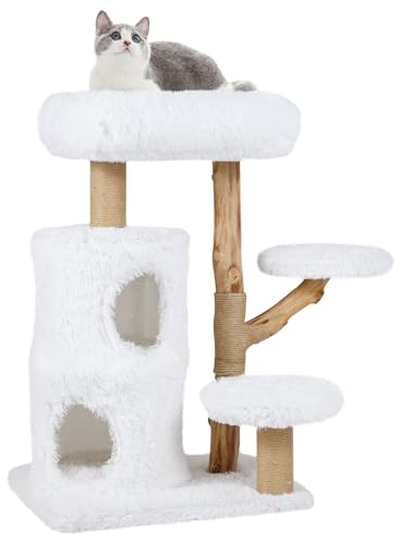 COSTWAY Kratzbaum Holz, 93 cm hoch, Katzenbaum mit weichen Plüsch-Plattformen, 2-stöckiger Katzenhöhle, Kratzsäulen aus Jute, Sisalseil, Katzenkratzbaum Kletterbaum, Katzenmöbel für Katzen, Weiß