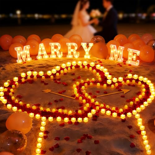 Marry Me lysande bokstäver med 2 000 konstgjorda rosenblad, MARRY ME-skylt med 24 flamlösa hjärtljus, LED-bokstavsljus för utomhusbruk frieri, dekoration (MARRY ME)