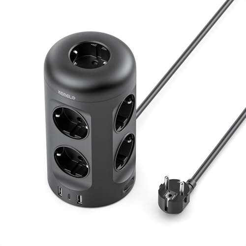 Regleta Enchufes con USB C, 12 en 1 Enchufe Multiple (9 AC y 3 USB), 3680W/16A, Regleta Enchufes Proteccion Sobretension, 2M Torre Enchufes Vertical con Interruptor para Mesa, Oficia, Casa, Negro