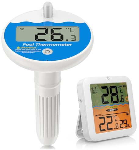 Lomffy Termómetro Inalámbrico para Piscina, Termómetro Piscinas Digital Resistente al Agua IPX68 Termómetro Piscina Flotante con Pantalla LCD Grande, Alcance Inalámbrico 100 Metros para Piscinas Spa