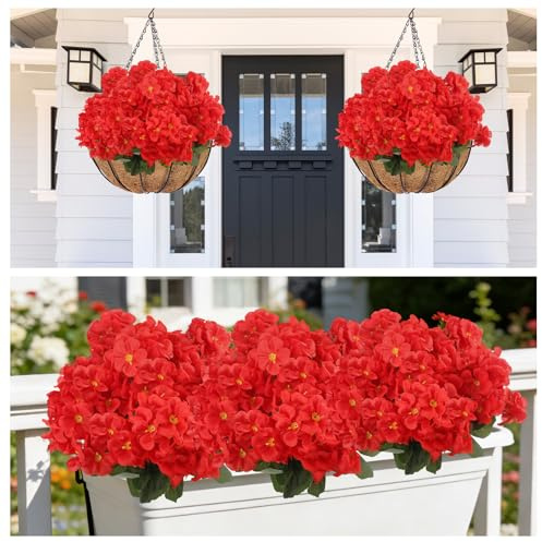YUE QIN 6 Bundles Artificial Geraniums for Outdoor Red Fake Faux Flowers