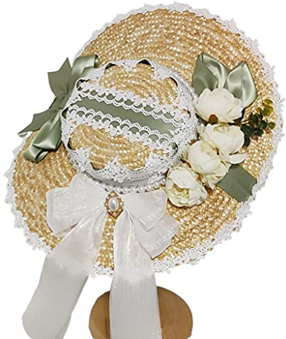 ZwaitL Sombrero de paja elegante para niña, accesorio para fiesta de disfraces, envejecimiento de la piel, gorras para adornadas con lazos de flores, paja de encaje plegable para mujer