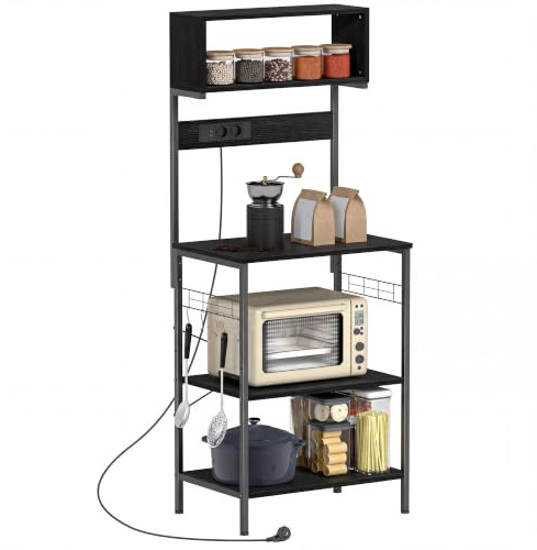 HOMCOM Scaffale da Cucina con Multipresa Ripiani e Ganci 60x42x153cm Nero | Scaffale per Microonde, Stile Industriale, Mobile Cucina Vintage, Struttura in Acciaio, 60x42x153cm