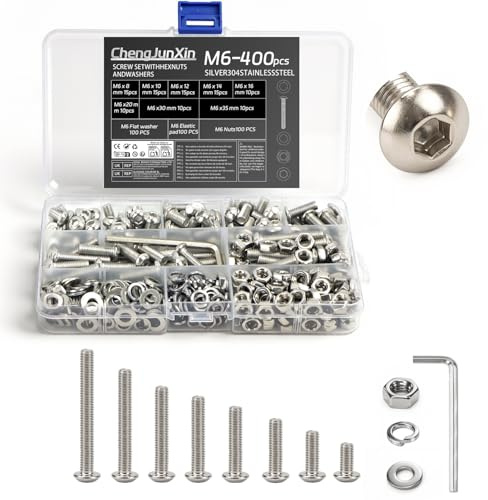 Juego de 400 tornillos M6 – Juego de tornillos de cabeza semicircular hexagonal y tuercas M6 con arandelas de seguridad y arandelas.