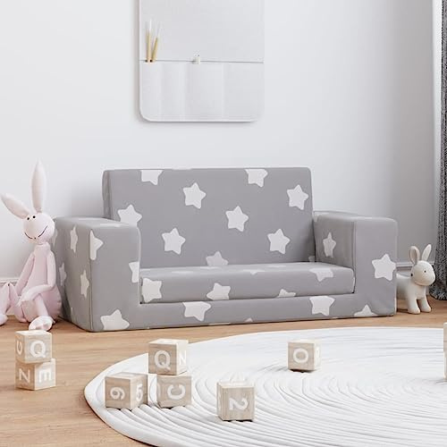 Sofá cama infantil de 2 plazas gris claro con estrellas de felpa suave 84 x 98 cm, funda extraíble, 2 en 1, minisofá cama y sillón infantil para jugar, dormir, habitación infantil