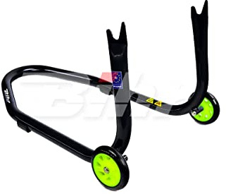 Cavalletto posteriore Bihr con supporti a forchetta per nottolini Colore nero e ruote gialle.