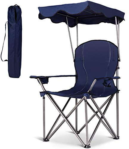 COSTWAY Silla de Camping con Techo y Portavasos Silla de Playa Plegable Carga hasta 120 kg para Patio al Aire Libre (Azul)