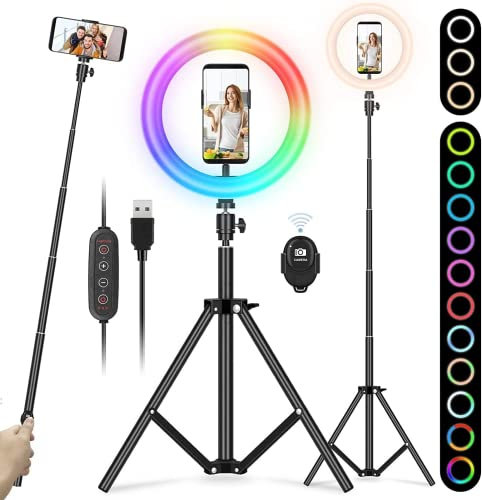 YISSVIC 10 Ring Light Anneau Lumière RGB 26 Couleurs 10 Niveaux de Luminosité avec Trépied Réglable Télécommande pour Selfie Youtube Vidéo
