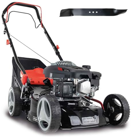 Scheppach Benzin Rasenmäher MS150-42 - 3,5PS | Schnittbreite 42cm | Radantrieb | Stahlgehäuse | Reinigungsfunktion | Mulchfunktion | 45L Korb | 7-stufige Höhenverstellung | inkl. 2. Mäh-/Mulchmesser