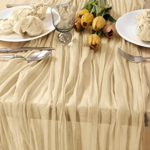MLMC Chemin de table en étamine, champagne, 3 m, couleur sable, gaze rustique, 89 x 304 cm, pour la ferme, les vacances, les événements en plein air, la décoration d'intérieur
