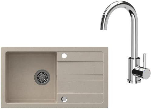 VBChome Spülbecken mit Armatur Beige 77 x 43,5 cm Granit Einzelbecken Einbauspüle Abtroffläche Gesprenkelt Reversibel Verbundspüle Küchenarmatur + Siphon