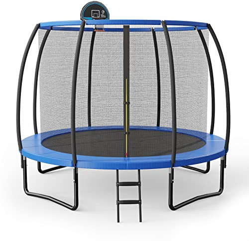 GOPLUS 305cm Kindertrampolin mit Korb, Gebogenes Trampolin mit Sicherheitsnetz & Nahtlosem Design, Sonnenlichtbeständiges Gartentrampolin mit 180 cm Höhe Netz für Drinnen & Draußen, GS Zertifiziert