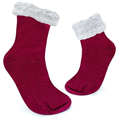 JOMIX Calze Antiscivolo Donna Felpate Lunghe Imbottite Calzettoni Invernali Calzini Termici Pile Calde Calze Termiche Donna da Casa MD7424 (Rosso, 36-42)