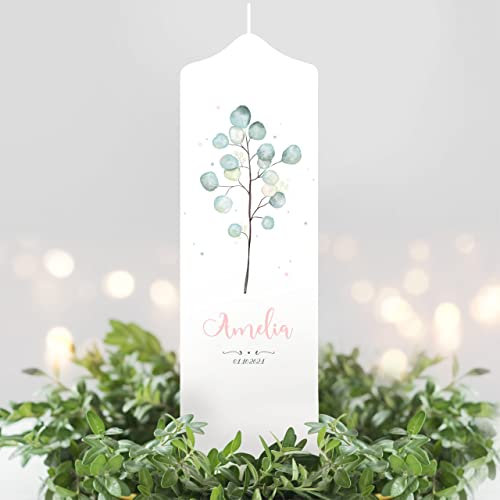 Wandtattoo Loft Taufkerze Junge Mädchen Eukalyptus Personalisiert Taufe Kommunionskerze Baum, Taufkerze 25 x 7 cm, Mädchen