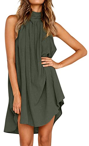QKEPCY Vestido Elegante Mujer Vestido Sin Mangas Vestido Corta Casual Gasa Top Cuello Redondo Blusa Informal Casual Dress (Verde M)