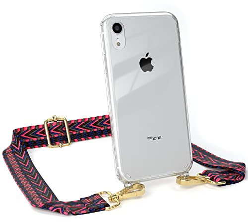 EAZY CASE Handykette - Verstellbares Taschenband kompatibel mit iPhone XR, Schulterriemen, Handykordel mit Silikon Hülle, Umhängetasche, Pink Blau Gold