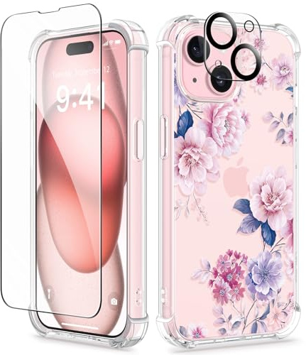 GVIEWIN Kompatibel mit iPhone 15 Hülle 6,1 2023, mit Displayschutzfolie + Kameraschutz, [Militärischer Schutz] Anti-Gelb Blume Klar TPU Dünn Stoßfest Kratzfest Handyhülle, Pfingstrose/Rosa | Militärischer Schutz,Anti-Gelb,Dünn,Stoßfest,Kratzfest,Fallschutz,Schutzhülle Handyhülle 2023,Pfingstrose/Rosa